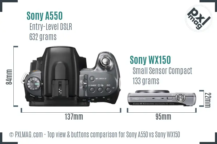 Sony A550 vs Sony WX150 top view buttons comparison