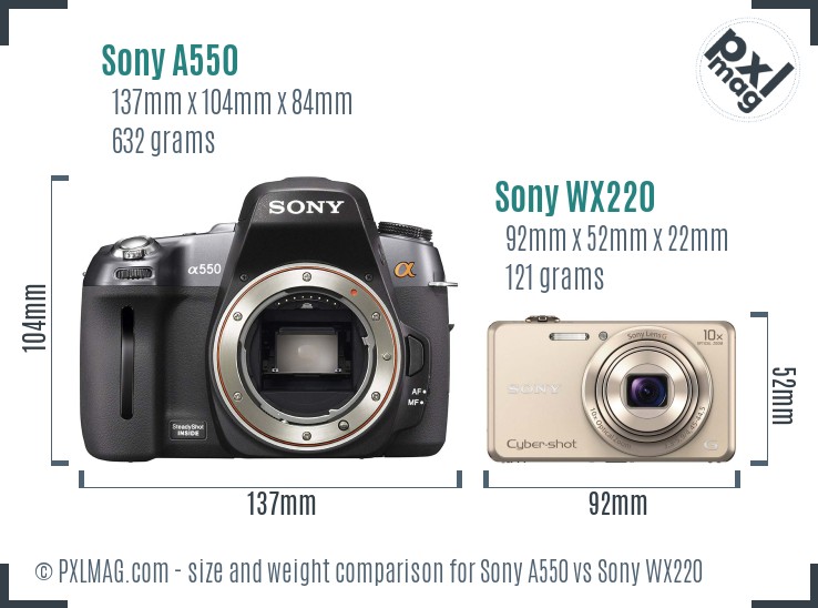 Sony A550 vs Sony WX220 size comparison