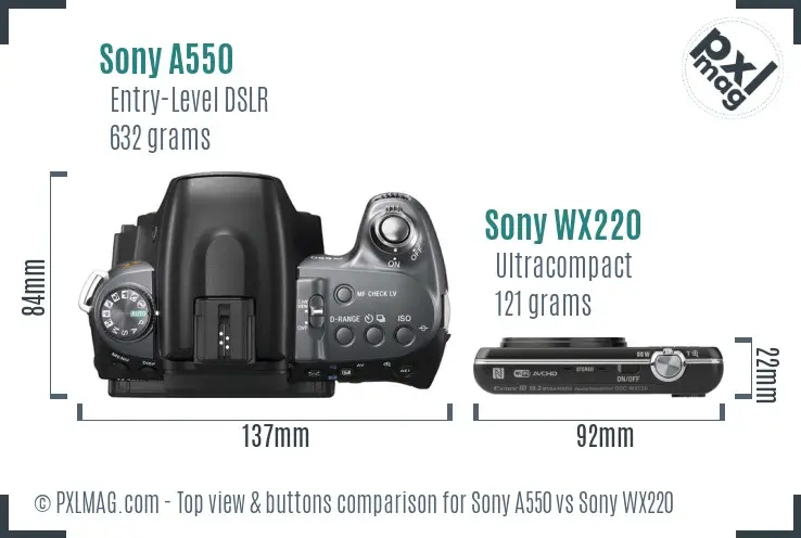 Sony A550 vs Sony WX220 top view buttons comparison