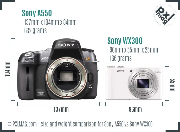 Sony A550 vs Sony WX300 size comparison