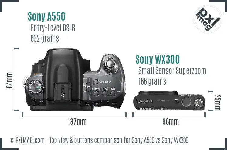 Sony A550 vs Sony WX300 top view buttons comparison