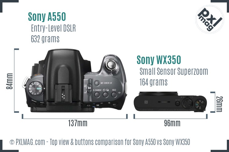 Sony A550 vs Sony WX350 top view buttons comparison