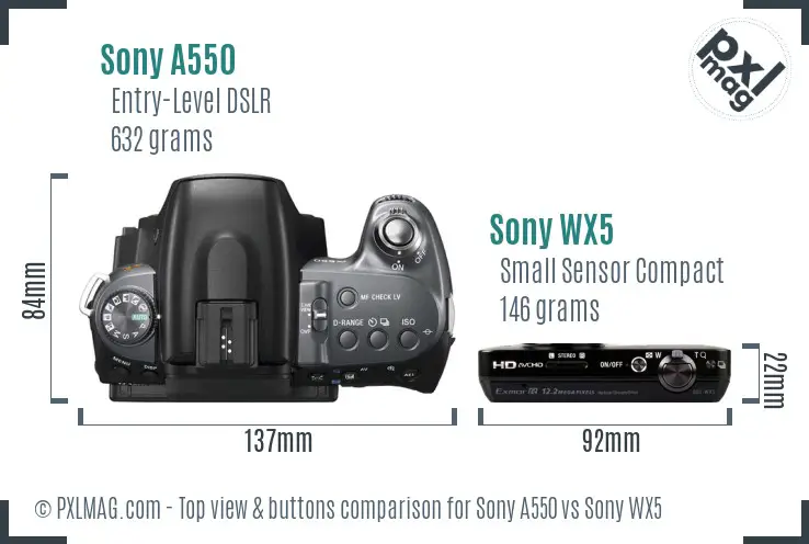 Sony A550 vs Sony WX5 top view buttons comparison