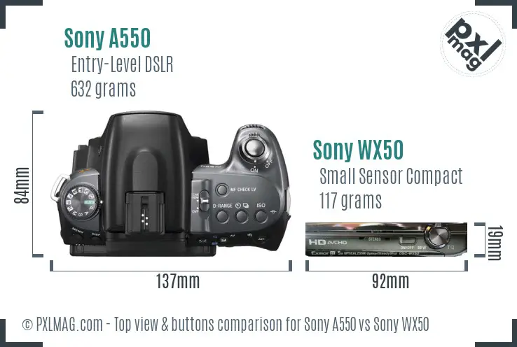 Sony A550 vs Sony WX50 top view buttons comparison