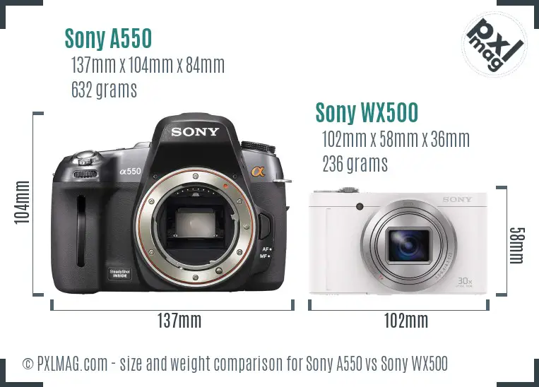 Sony A550 vs Sony WX500 size comparison