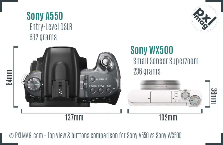Sony A550 vs Sony WX500 top view buttons comparison