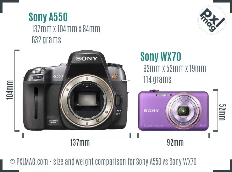 Sony A550 vs Sony WX70 size comparison