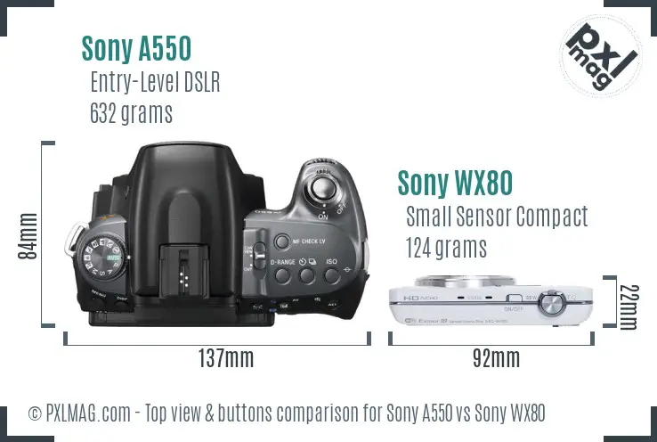 Sony A550 vs Sony WX80 top view buttons comparison
