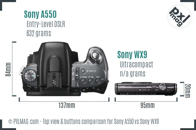 Sony A550 vs Sony WX9 top view buttons comparison