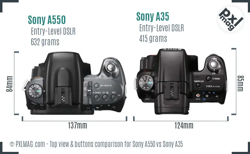 Sony A550 vs Sony A35 top view buttons comparison
