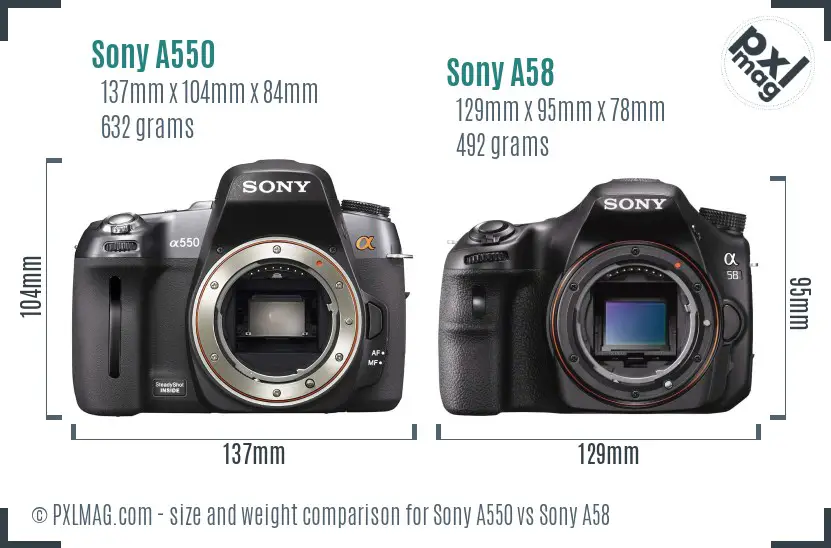 Sony A550 vs Sony A58 size comparison