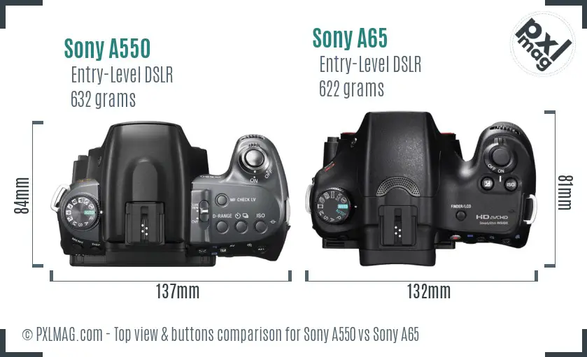 Sony A550 vs Sony A65 top view buttons comparison