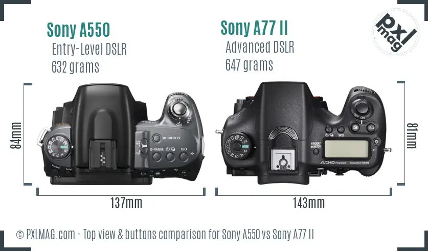 Sony A550 vs Sony A77 II top view buttons comparison