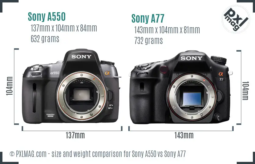 Sony A550 vs Sony A77 size comparison