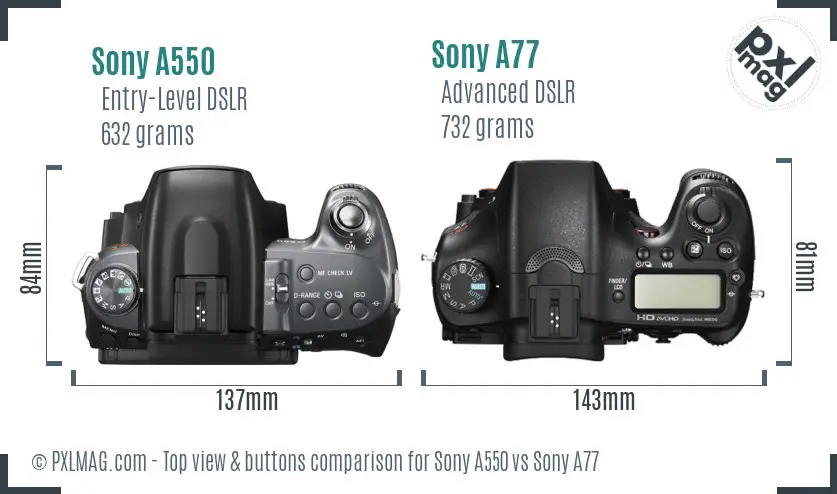 Sony A550 vs Sony A77 top view buttons comparison