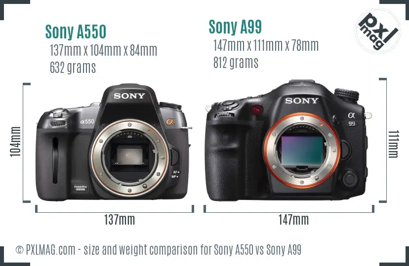 Sony A550 vs Sony A99 size comparison