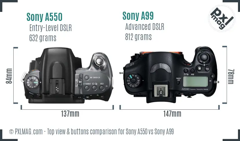 Sony A550 vs Sony A99 top view buttons comparison