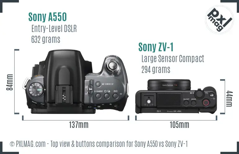 Sony A550 vs Sony ZV-1 top view buttons comparison
