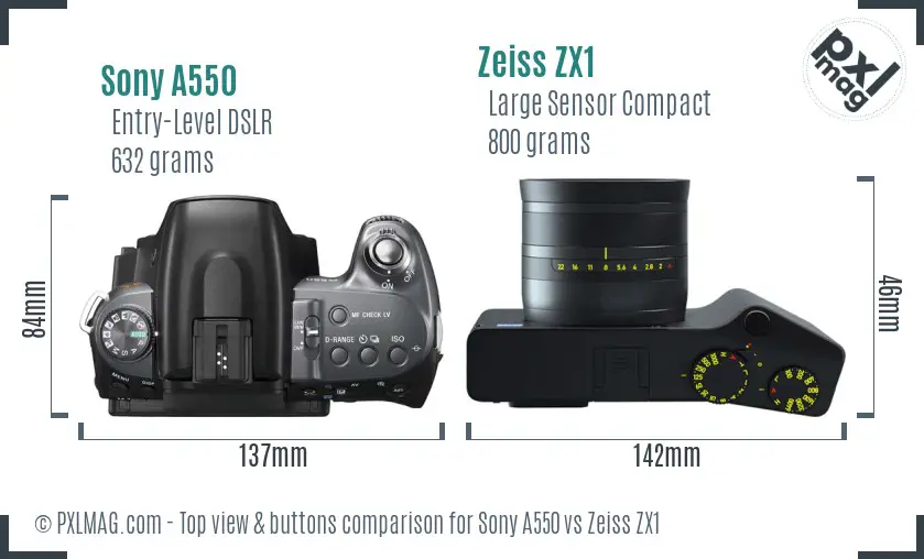Sony A550 vs Zeiss ZX1 top view buttons comparison