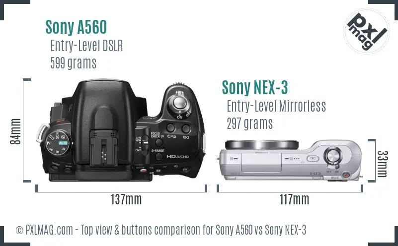 Sony A560 vs Sony NEX-3 top view buttons comparison