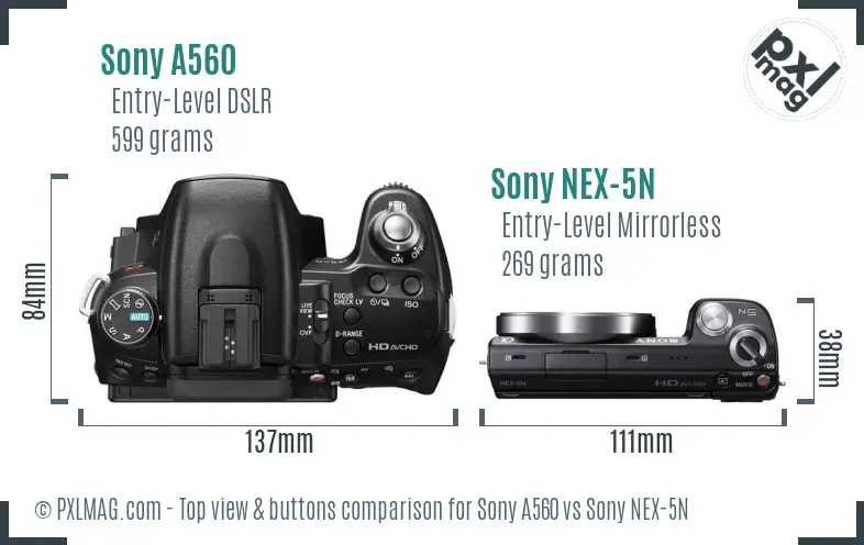 Sony A560 vs Sony NEX-5N top view buttons comparison