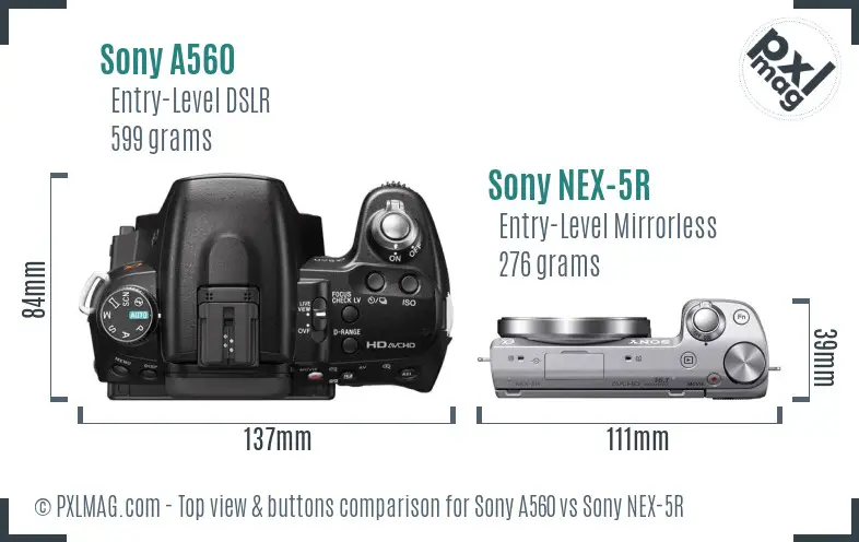 Sony A560 vs Sony NEX-5R top view buttons comparison