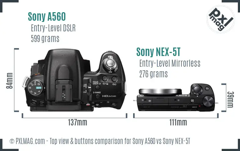 Sony A560 vs Sony NEX-5T top view buttons comparison