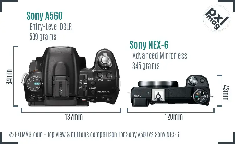 Sony A560 vs Sony NEX-6 top view buttons comparison