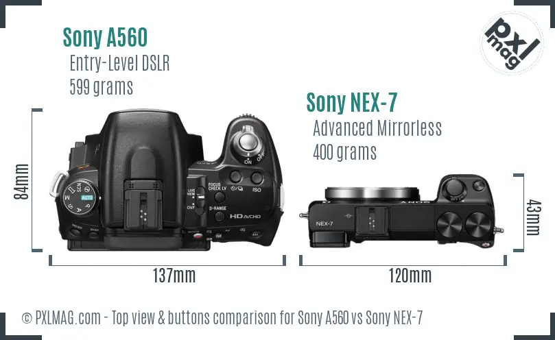 Sony A560 vs Sony NEX-7 top view buttons comparison