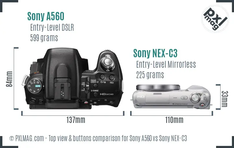 Sony A560 vs Sony NEX-C3 top view buttons comparison