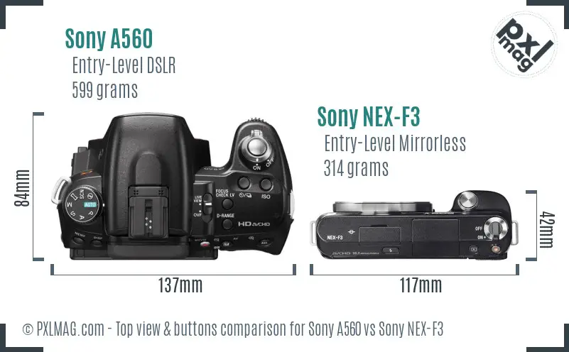 Sony A560 vs Sony NEX-F3 top view buttons comparison