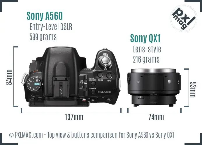 Sony A560 vs Sony QX1 top view buttons comparison