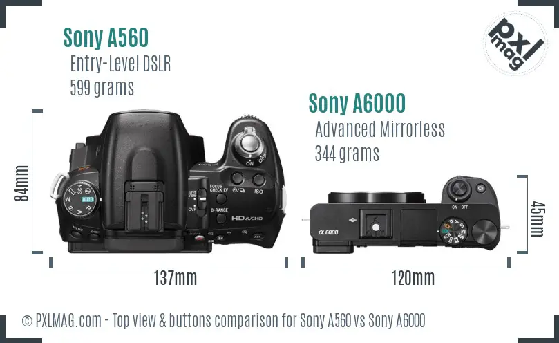 Sony A560 vs Sony A6000 top view buttons comparison