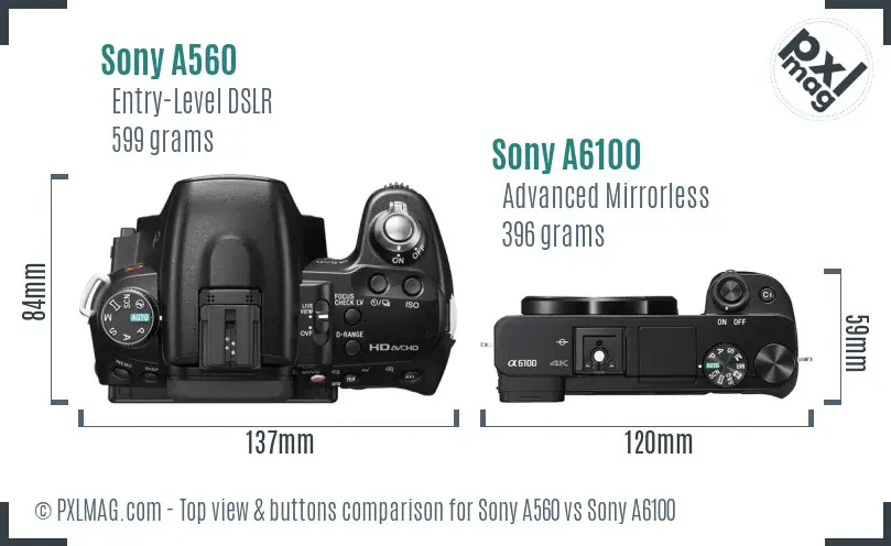 Sony A560 vs Sony A6100 top view buttons comparison