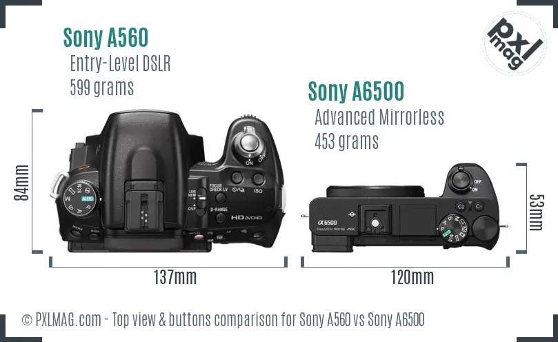 Sony A560 vs Sony A6500 top view buttons comparison