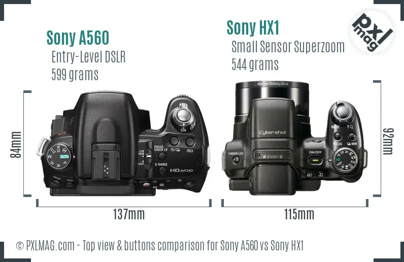 Sony A560 vs Sony HX1 top view buttons comparison