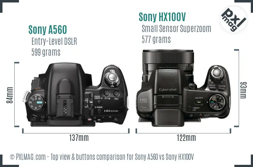 Sony A560 vs Sony HX100V top view buttons comparison