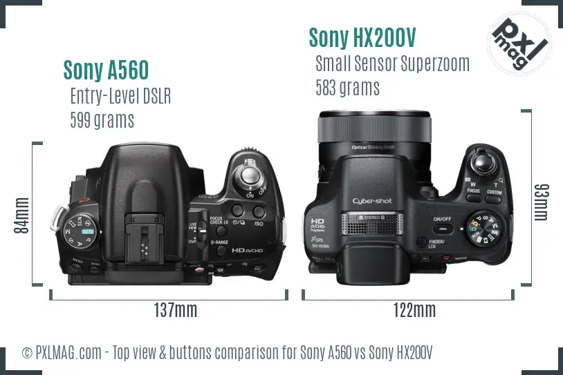 Sony A560 vs Sony HX200V top view buttons comparison