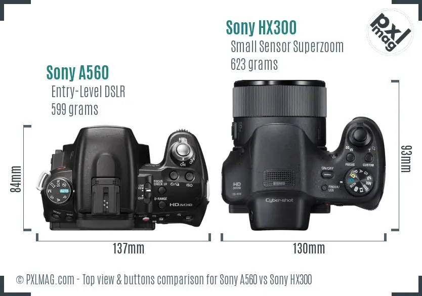 Sony A560 vs Sony HX300 top view buttons comparison