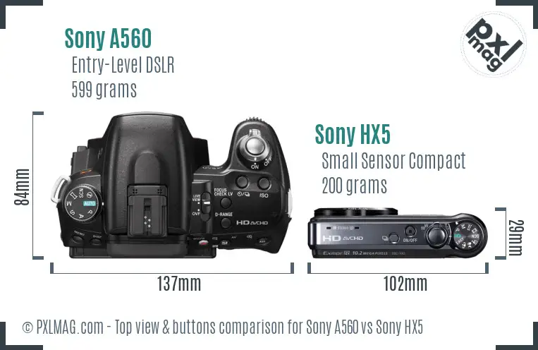 Sony A560 vs Sony HX5 top view buttons comparison