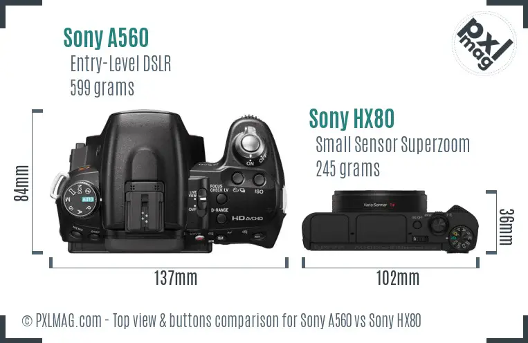 Sony A560 vs Sony HX80 top view buttons comparison