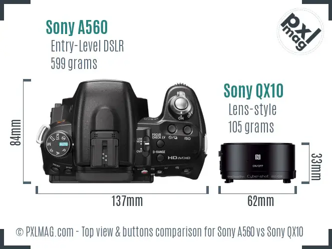 Sony A560 vs Sony QX10 top view buttons comparison
