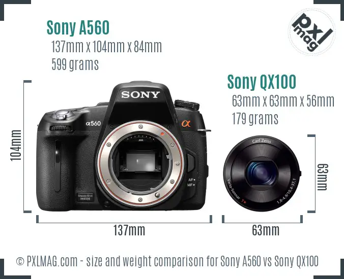 Sony A560 vs Sony QX100 size comparison