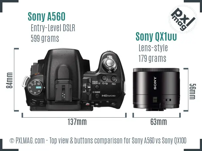 Sony A560 vs Sony QX100 top view buttons comparison
