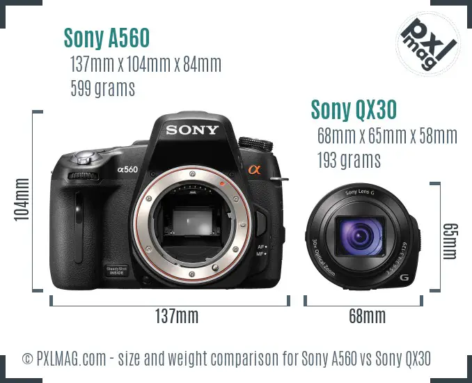 Sony A560 vs Sony QX30 size comparison