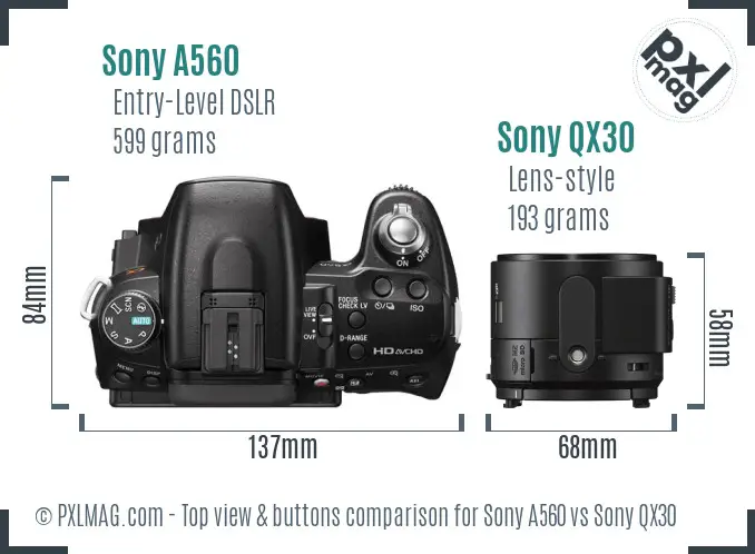 Sony A560 vs Sony QX30 top view buttons comparison