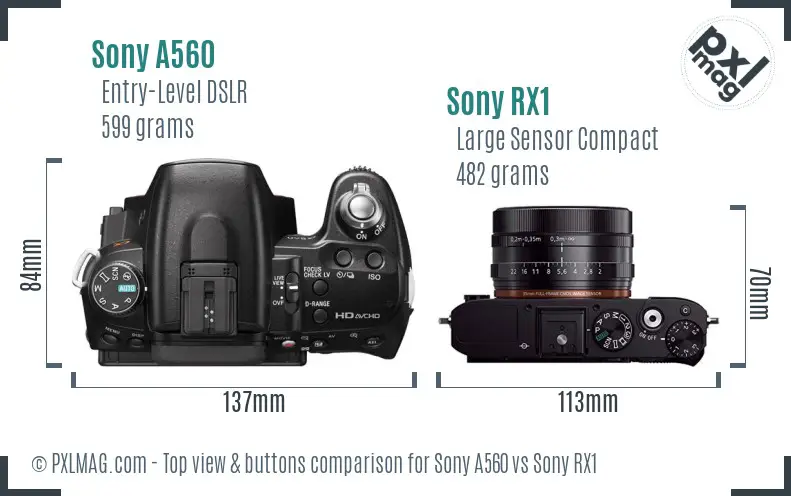 Sony A560 vs Sony RX1 top view buttons comparison