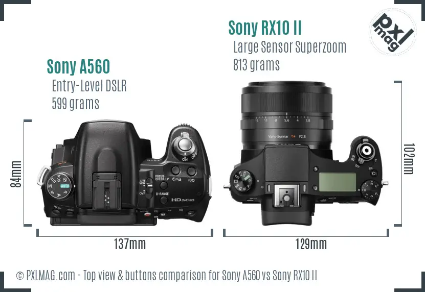 Sony A560 vs Sony RX10 II top view buttons comparison