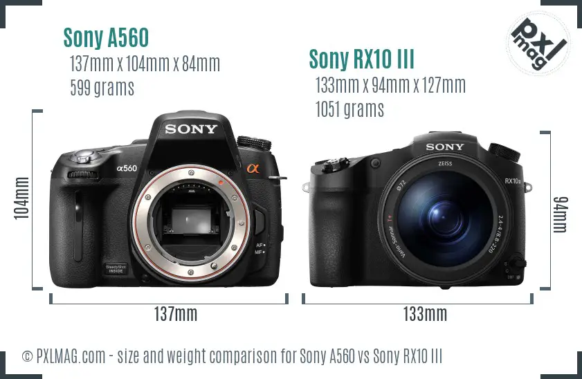 Sony A560 vs Sony RX10 III size comparison