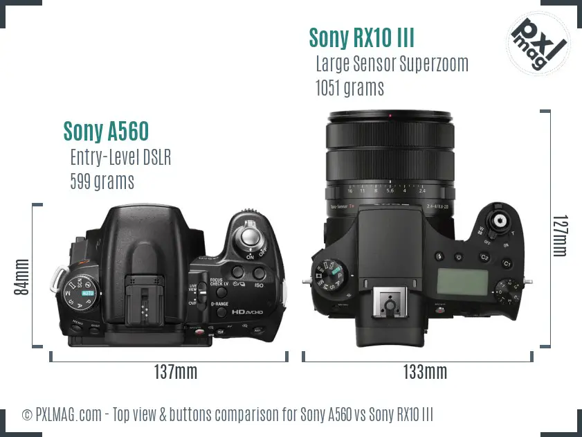 Sony A560 vs Sony RX10 III top view buttons comparison